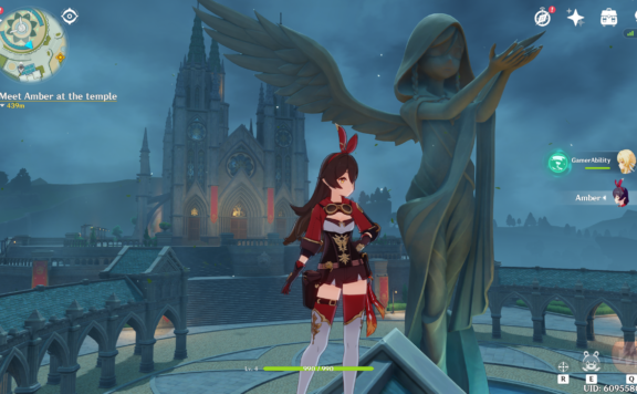 Gameplay Screenshot of Amber in front of Mondstadt Cathedral