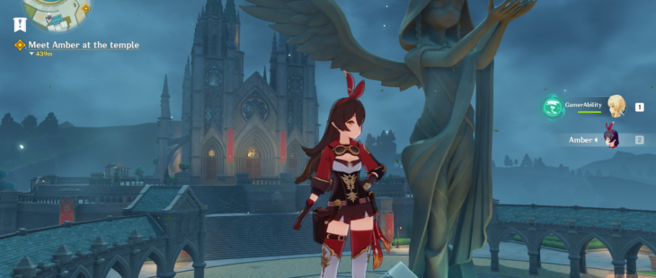 Gameplay Screenshot of Amber in front of Mondstadt Cathedral