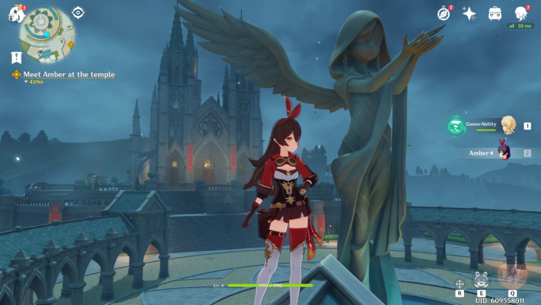 Gameplay Screenshot of Amber in front of Mondstadt Cathedral