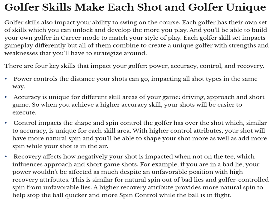 Image from EA Blog Post - indicating the four key skills in EA Sports PGA Tour 